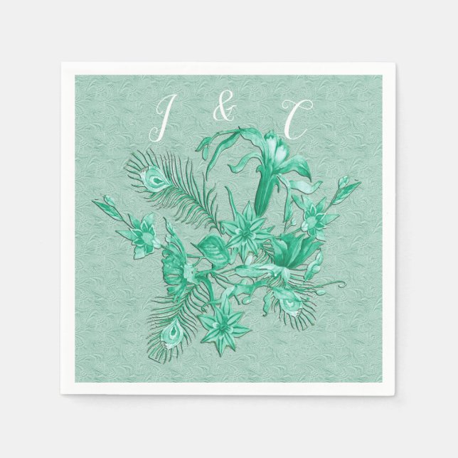 Turkosblå - Grön texturerad bakgrund med blommor Pappersservett (Framsidan)
