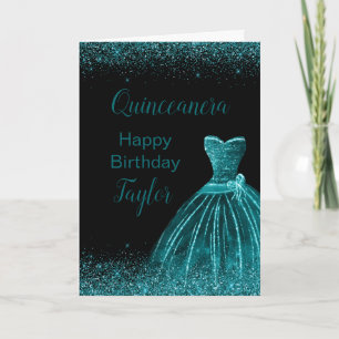 Turkosblå klänning Falsk glitter Quinceanera Kort