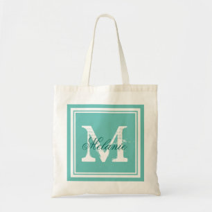 Turkosblå monogram bröllopsfest tote bags tygkasse