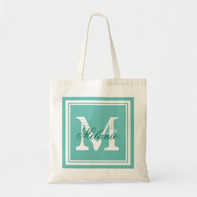 Turkosblå monogram bröllopsfest tote bags tygkasse (Framsidan)