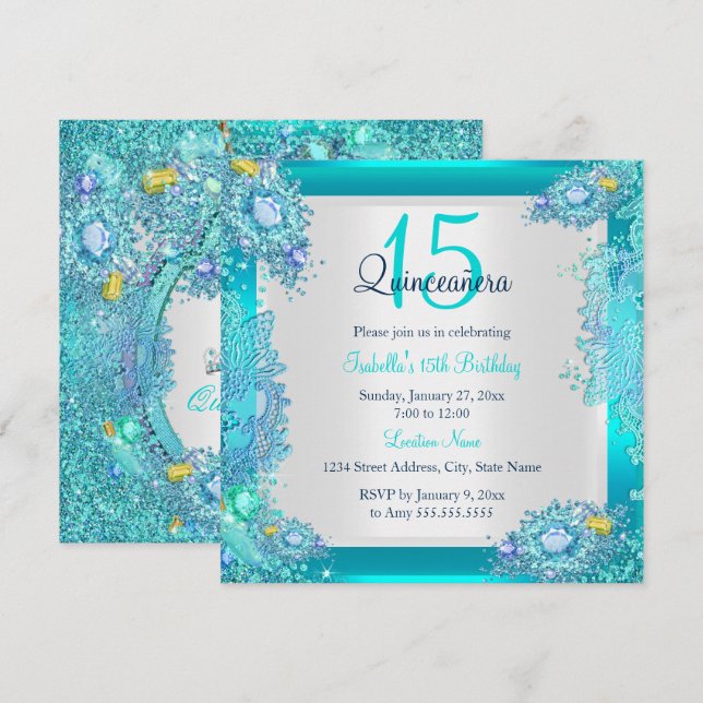 Turkosblå Ocean Quinceanera 15-årsdag Inbjudningar (Fram/baksida)