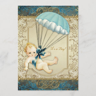 Turkosblå och guld pojkar Vintage Baby Shower Inbjudningar