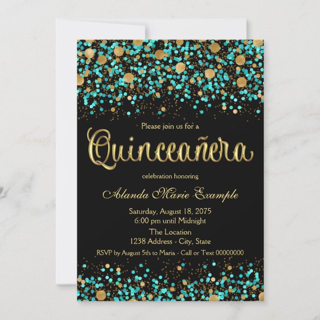 Turkosblå och guld Quinceanera Inbjudningar (Framsida)