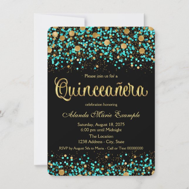 Turkosblå och guld Quinceanera Inbjudningar (Framsida)