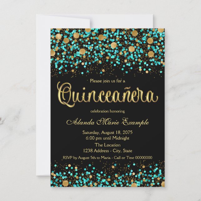 Turkosblå och guld Quinceanera Inbjudningar (Framsida)