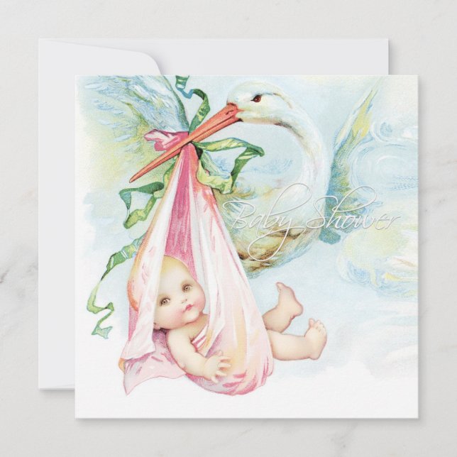 Turkosblå och rosa stork-barnkalas inbjudningar (Framsida)
