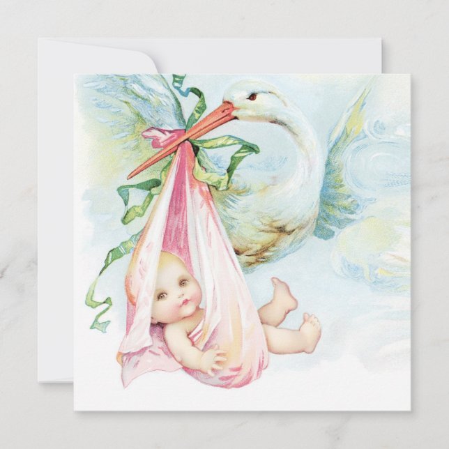 Turkosblå och rosa vintage stork bebisfest inbjudningar (Framsida)