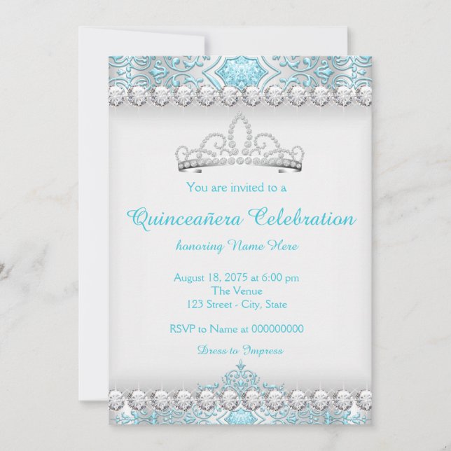 Turkosblå och Silver Diamond Princess Quinceanera Inbjudningar (Framsida)