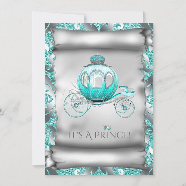 Turkosblå och silver prins baby shower inbjudningar (Framsida)