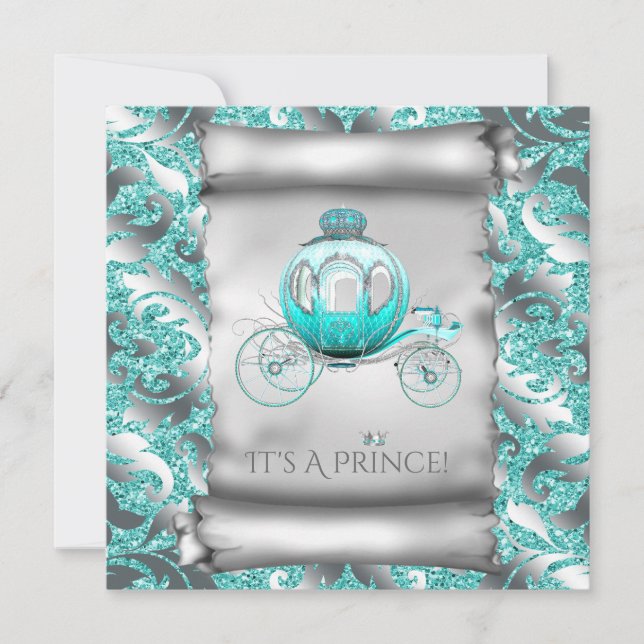 Turkosblå och silver prins baby shower inbjudningar (Framsida)