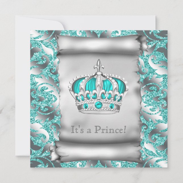Turkosblå och Silver Prins Pojke Baby Shower Inbjudningar (Framsida)