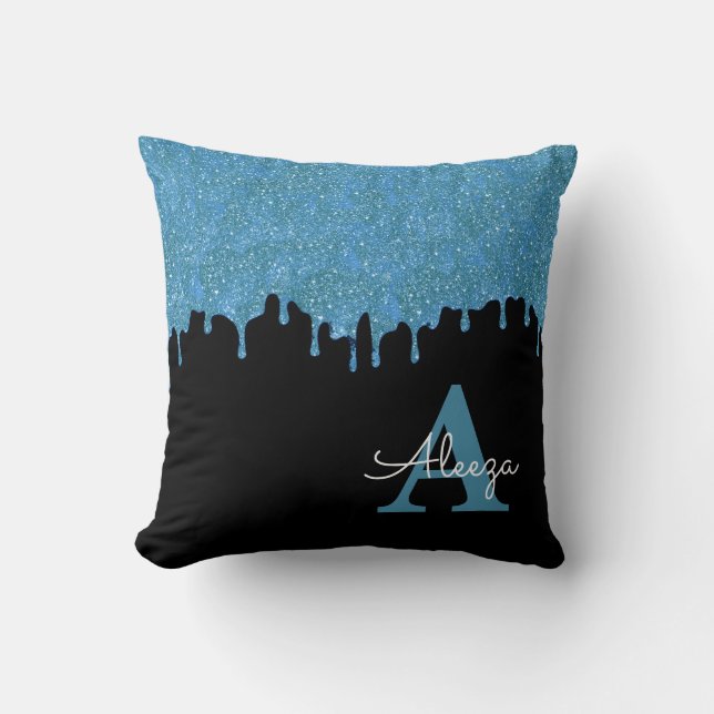Turkosblå och svart monogram glitterdropp kudde (Framsida)