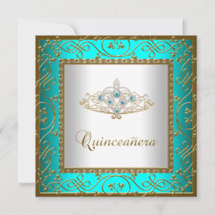 Turkosblå Quinceanera Guldtiara Inbjudningar