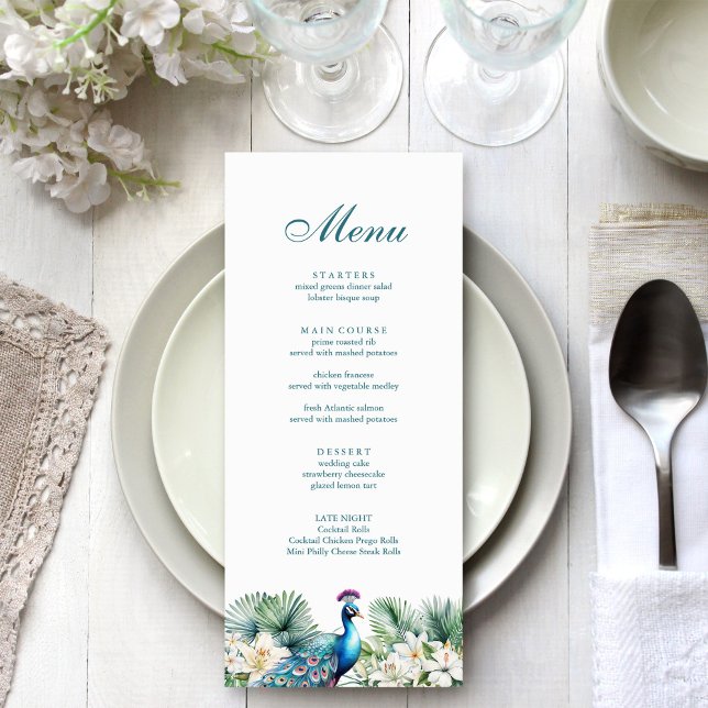 Turkosblå Tropiska Blommor Påfågel Bröllop Meny (Teal Tropical Flowers Peacock Wedding Menu on a wedding table.)
