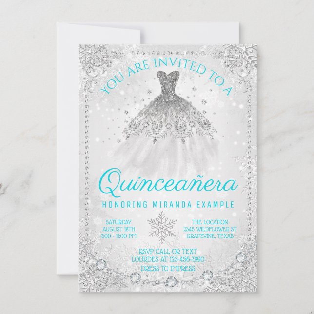 Turkosblå Vinterundret Snöflinga Quinceanera Inbjudningar (Framsida)
