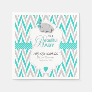 Turkosblått, grå elefantbaby shower för vit pappersservett