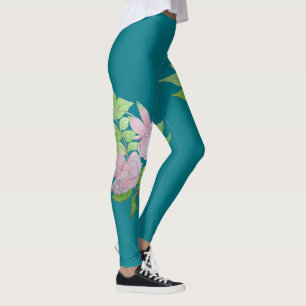 turkosblått och djärva rosor blommar leggings