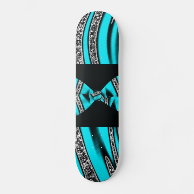Turkosblått & randar för svartsebraglitter skateboard bräda 19,5 cm (Framsida)