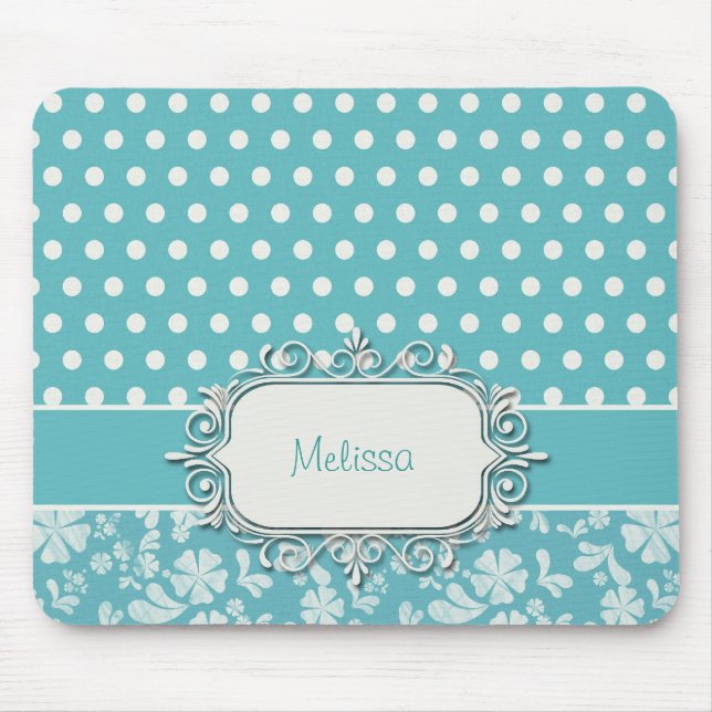 Turkosblommor och polka dots musmatta (Framsidan)