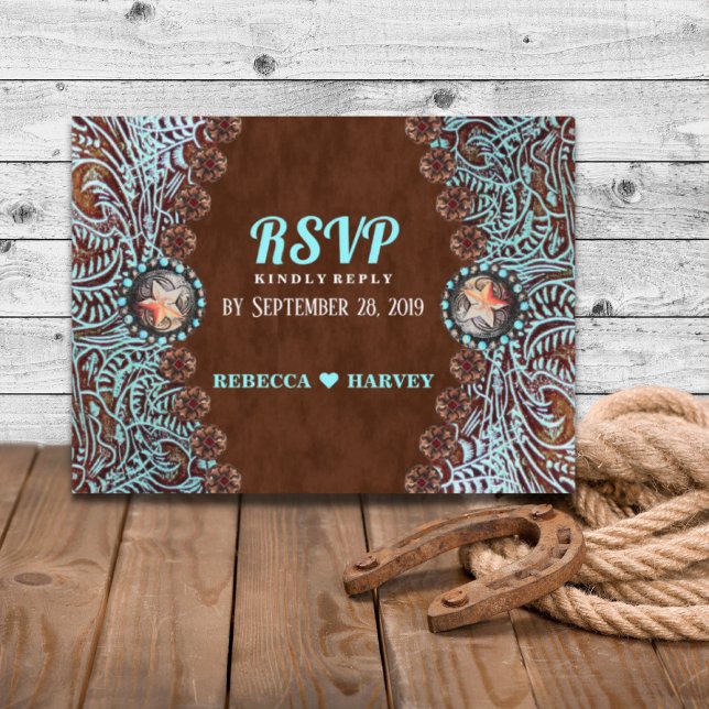 turkosbrun country western bröllop svara inbjudan vykort (turquoise brown country western wedding RSVP Invitation Postcard)