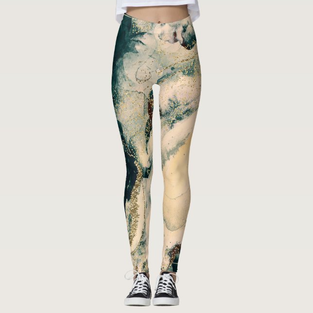 Turkosgrön akvarell kosmisk galaxglitter leggings (Framsida)