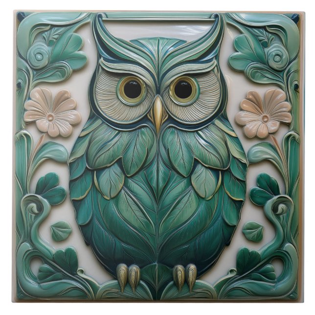 Turkosgrön falsk relief Art Nouveau-Uggla Kakelplatta (Framsidan)