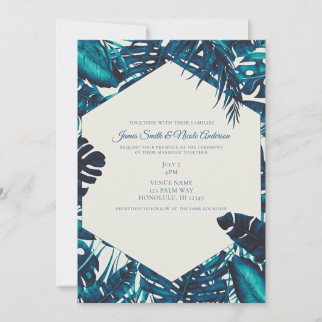 Turkosgröna Tropiska Palmblad Sommarbröllop Inbjudningar (Framsida)