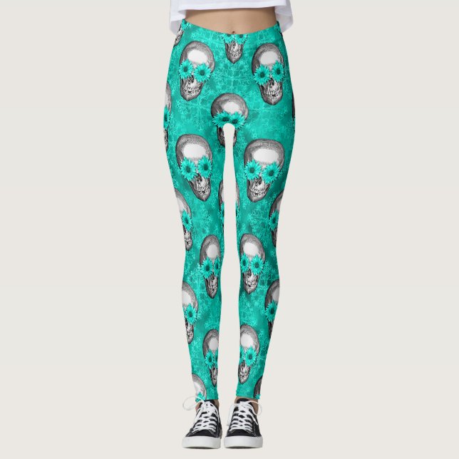 Turkoska Dödskallar och Solros Serie Design 11  Leggings (Framsida)