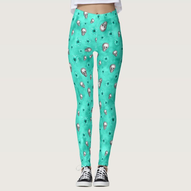 Turkoska Dödskallar och Solros Serie Design 3 Leggings (Framsida)
