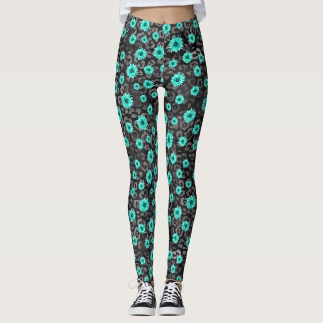 Turkoska Dödskallar och Solros Serie Design 5  Leggings (Framsida)
