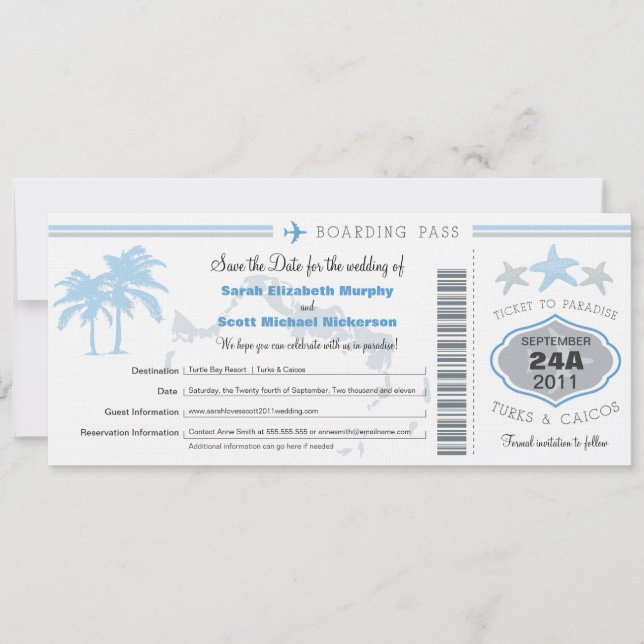 Turks & Caico Save Date Boarding Pass Spara Datumet (Framsida)