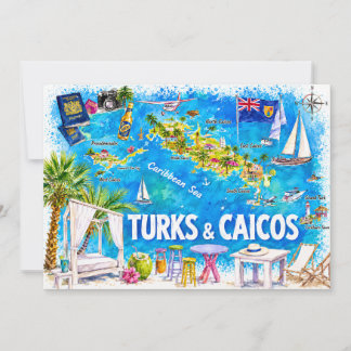 Turks & Caicos Illustrerad Ö-karta Postkort Inbjudningar