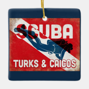 Turks & Caicos Scuba Diver - Blue Retro Julgransprydnad Keramik