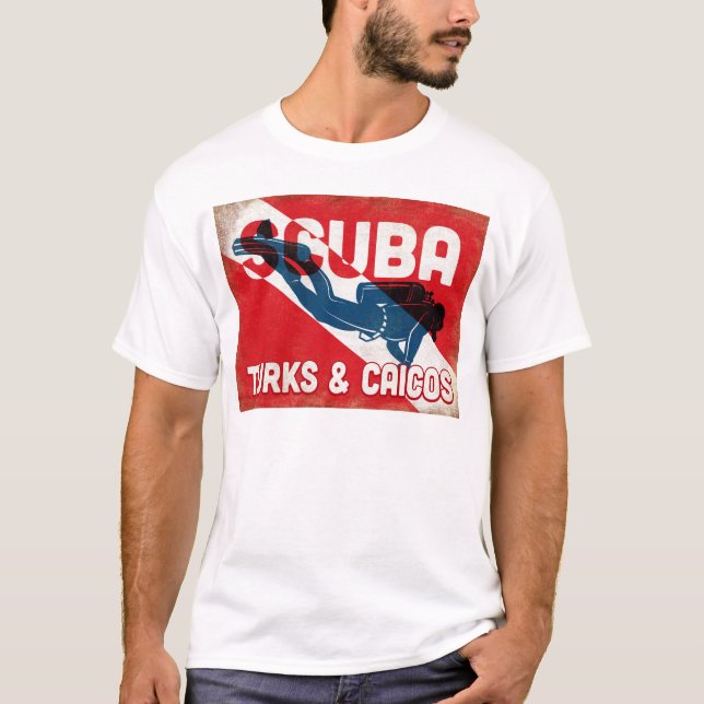 Turks & Caicos Scuba Diver - Blue Retro T Shirt (Framsida)