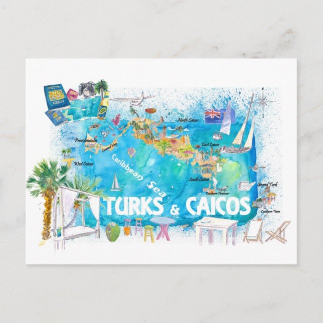 Turks och Caicos Antilles Illustrated Travel Karta Vykort (Framsida)