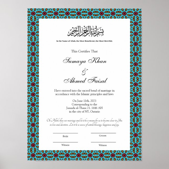 Turkuaz muslim nikkah-certifikatet poster (Framsidan)