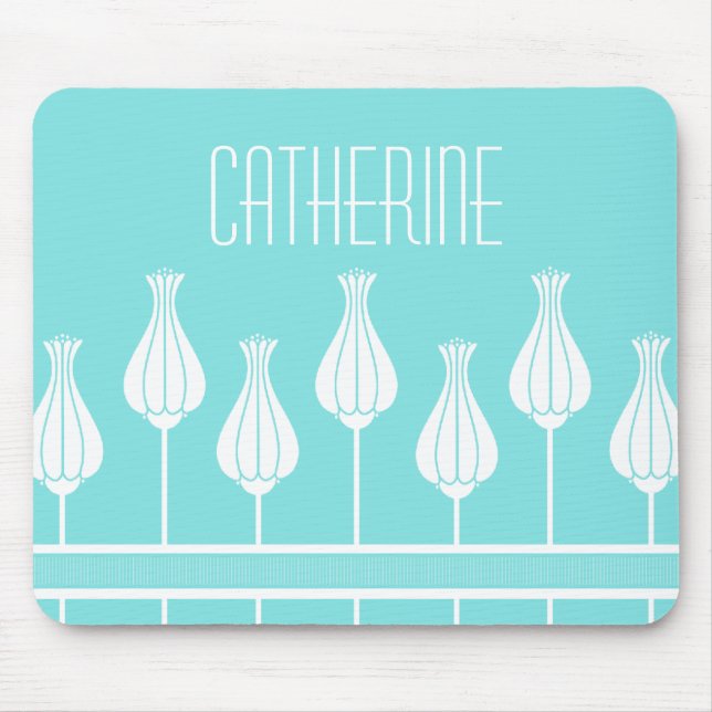 Turkvoise Art Deco Blommigt Mousepad Musmatta (Framsidan)