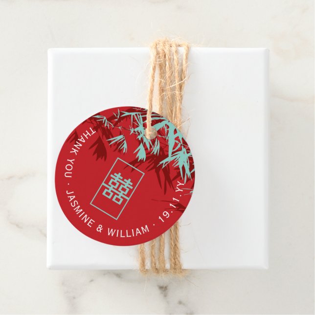 Turkvoise Bamboo Löv Dubbla Xi Chinese Bröllop Gåvor Etiketter (På plats)