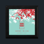 Turkvoise Bamboo Löv Dubbla Xi Chinese Bröllop Minnesask<br><div class="desc">Orienterat rött, turkosblått och vitt bamboo löv med en minimalistisk symbol för dubblans lycka inom en enkel rektangulär presentlåda för ram bröllopsfest. En elegant och snyggt som temat bröllop-design för det moderna och klassliga paret. Bamboos är evigt grönt och symboliserar tur, lycka, rikedom och ett långt liv i kinesiska, japanska...</div>