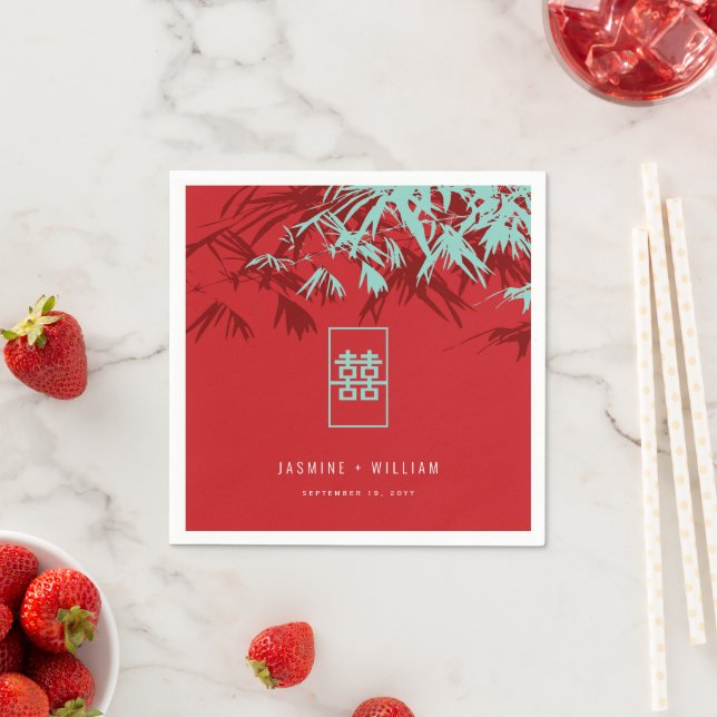 Turkvoise Bamboo Löv Dubbla Xi Chinese Bröllop Pappersservett (Insitu)