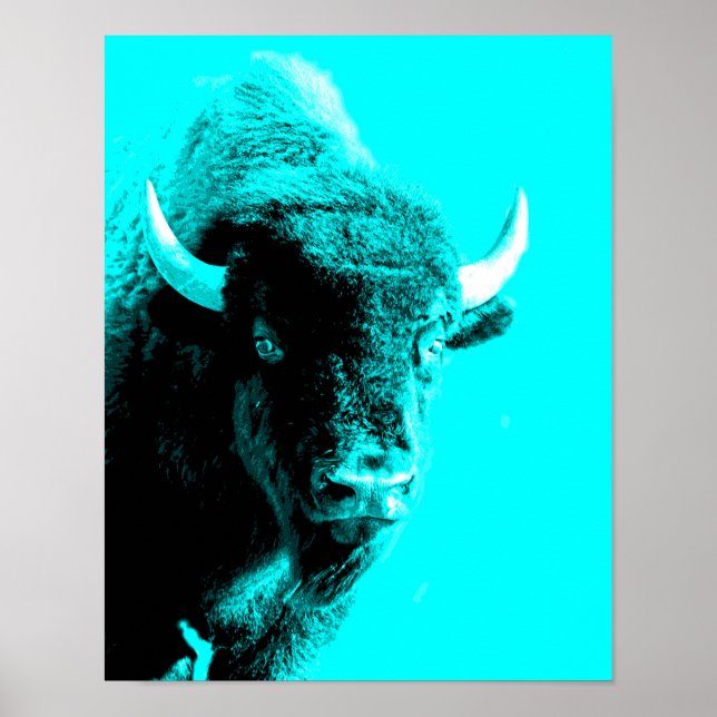 Turkvoise Blue Bison Buffalo Wildlife Porträtt Poster (Framsidan)