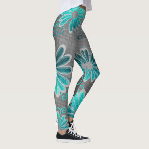 Turkvoise Blue Grått Ombre Glitter Daisy Sparkles Leggings