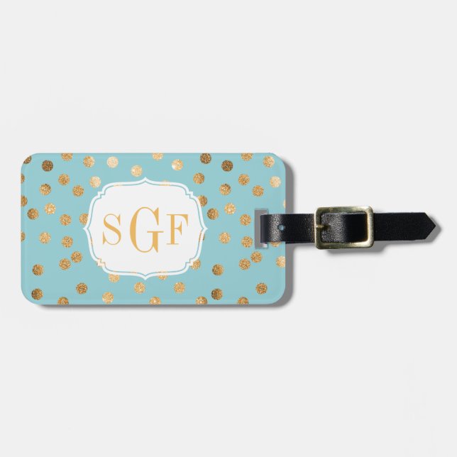 Turkvoise Blue och Guld Glitter City Dots Monogram Bagagebricka (Horisontell Framsida)