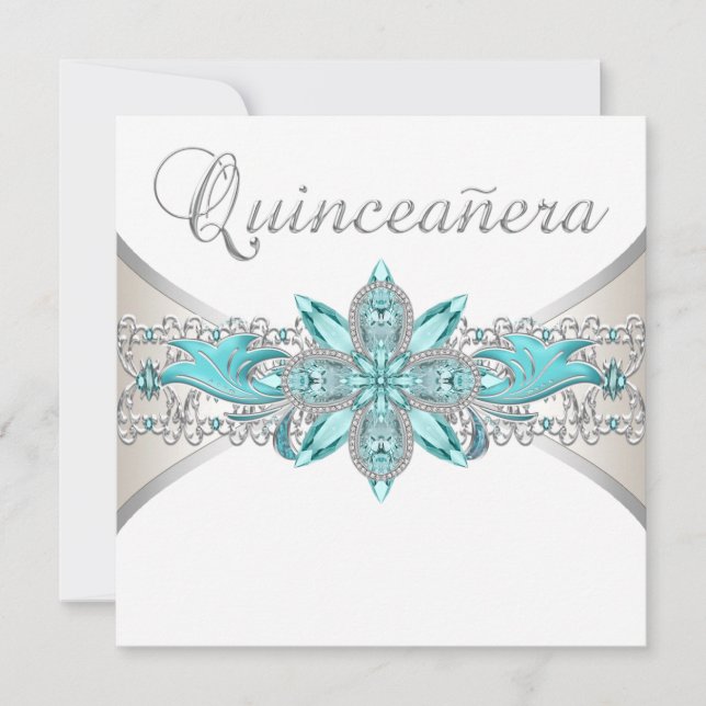 Turkvoise Blue och Silver Quinceanera Inbjudningar (Framsida)