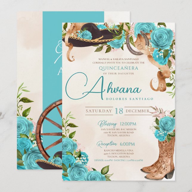 Turkvoise Blue Quinceanera Charro Westernare Ro Inbjudningar (Fram/baksida)