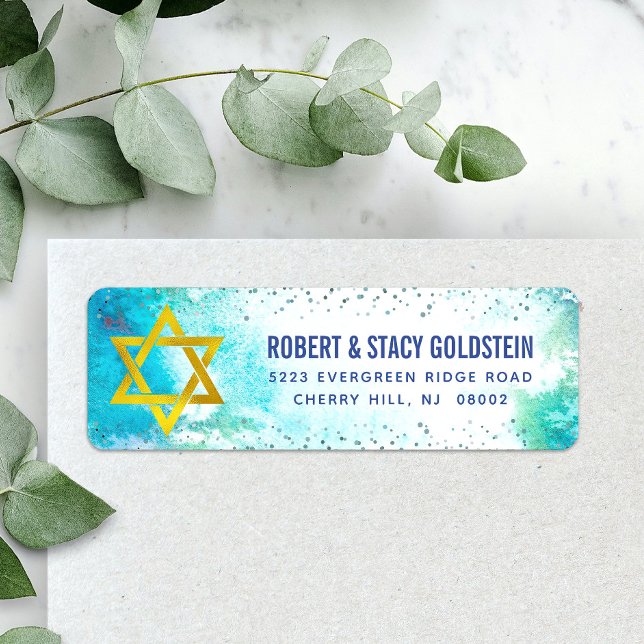 Turkvoise B'nai Mitzvah Watercolor Returadress Returadress Etikett (Skapare uppladdad)