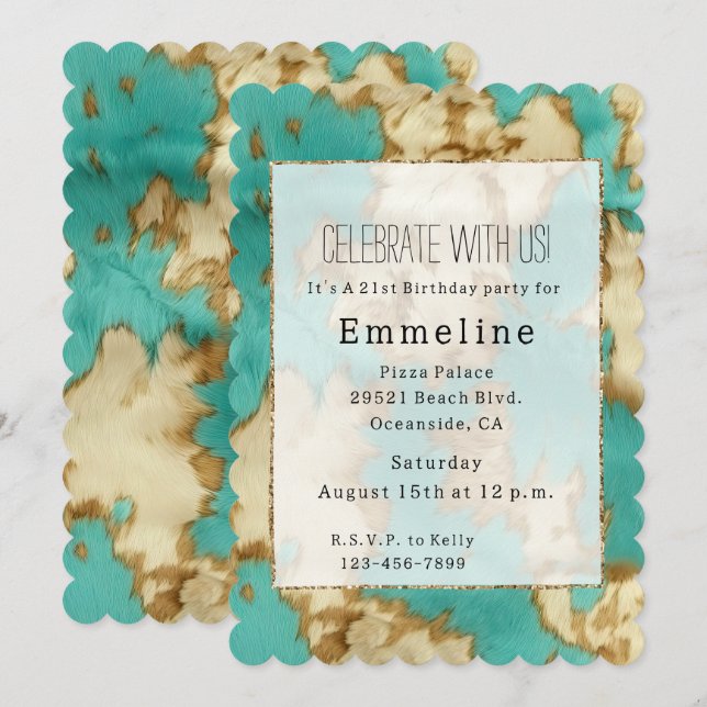 Turkvoise Brown Cowhide Western Cowgirl Inbjudningar (Fram/baksida)