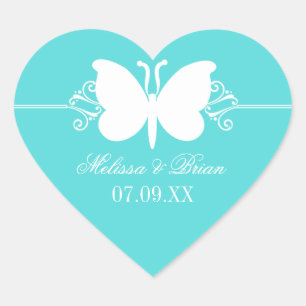 Turkvoise Butterfly Swirls Wedding Stickers Hjärtformat Klistermärke