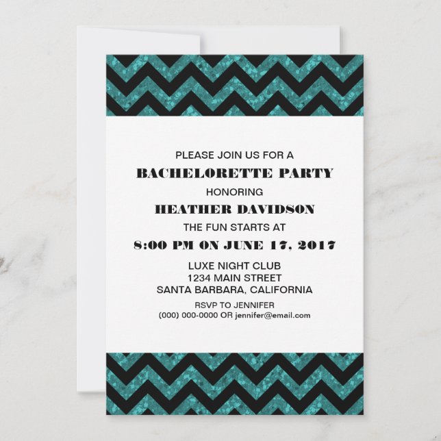 Turkvoise Chevron Glitter Bachelorette Party Inbjudningar (Framsida)