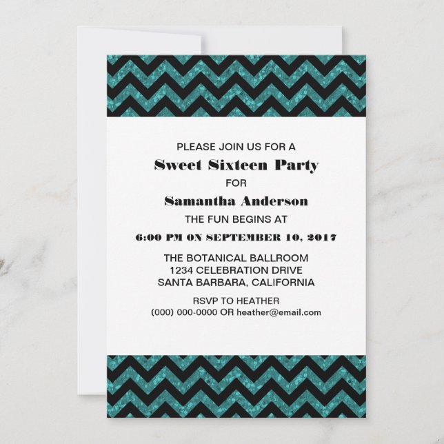 Turkvoise Chevron Glitter Sweet 16 Party Inbjudan (Framsida)